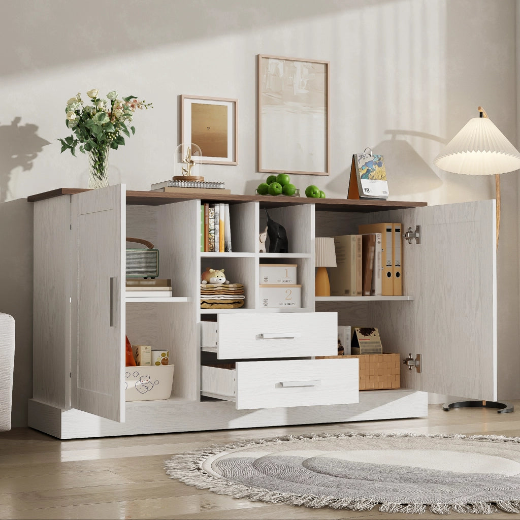 Sideboard 140x40x79,5 cm, legno bianco e marrone, 2 ante, 2 cassetti