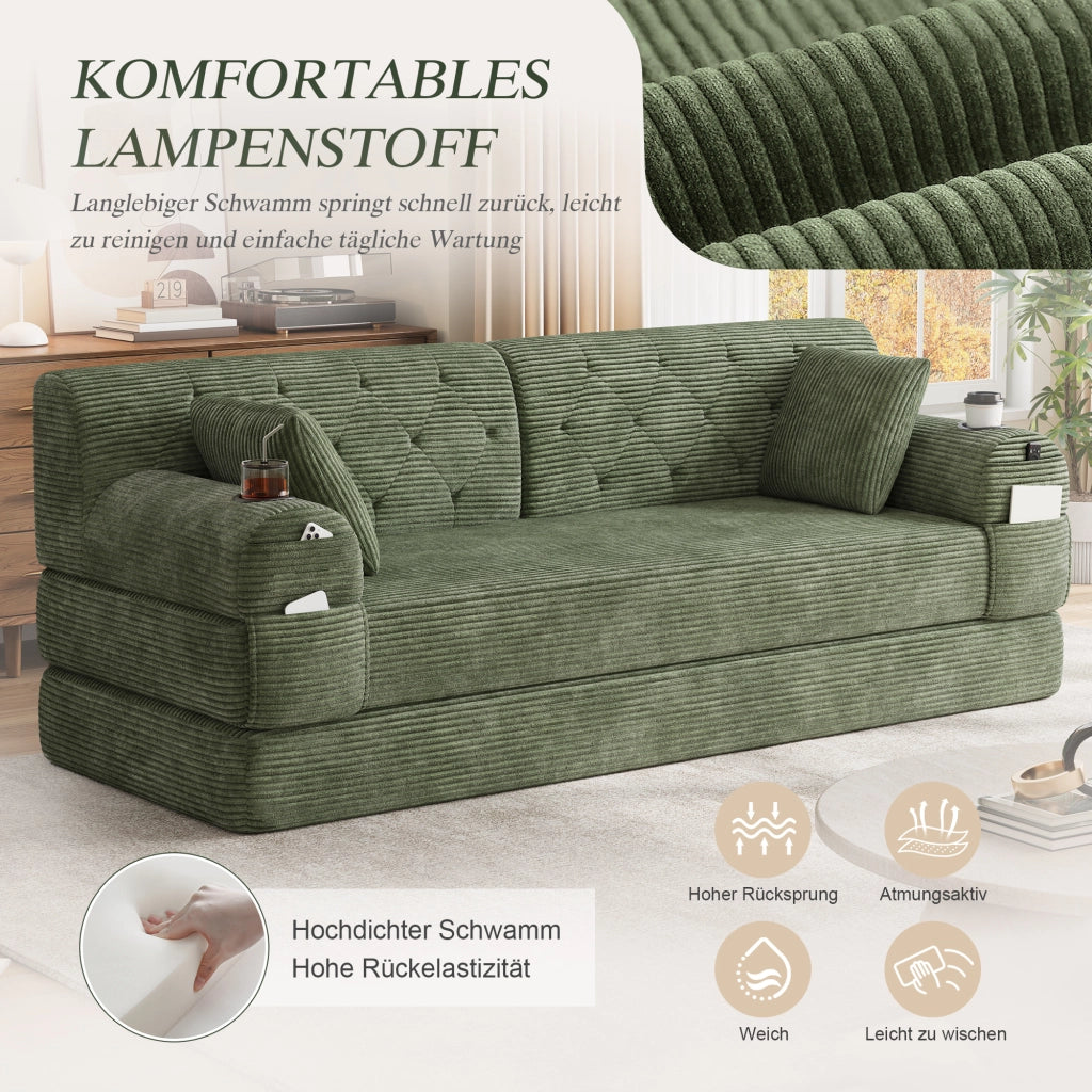 Divano letto a 3 posti in velluto a coste con schienale alto e 4 tasche laterali verde 208 × 80 × 81 cm