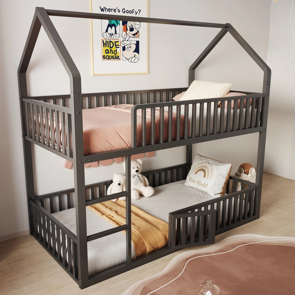Letto a Castello 90x200 cm con Scala Frontale e Porta Apribile in Metallo Nero