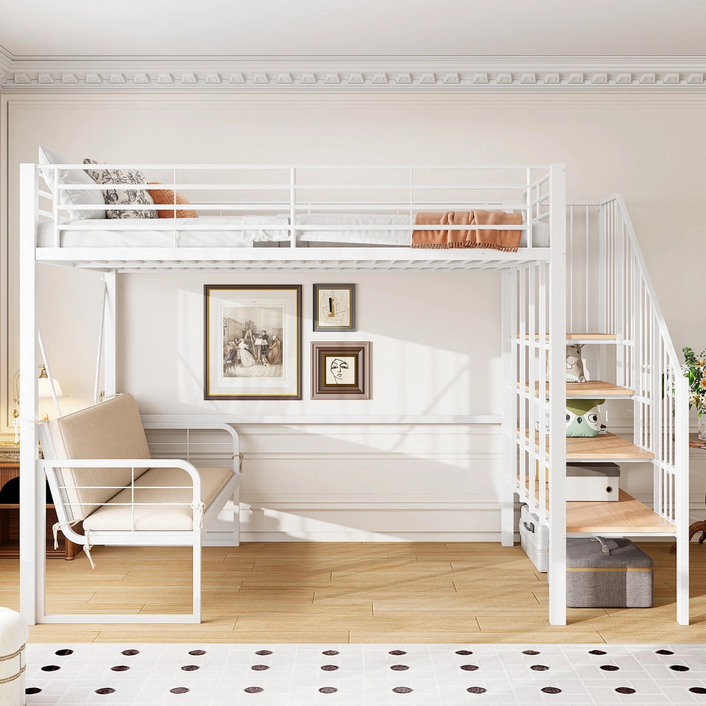 Letto a castello in metallo bianco 140 x 200 cm; letto a soppalco; divano imbottito; deposito e scale di sicurezza