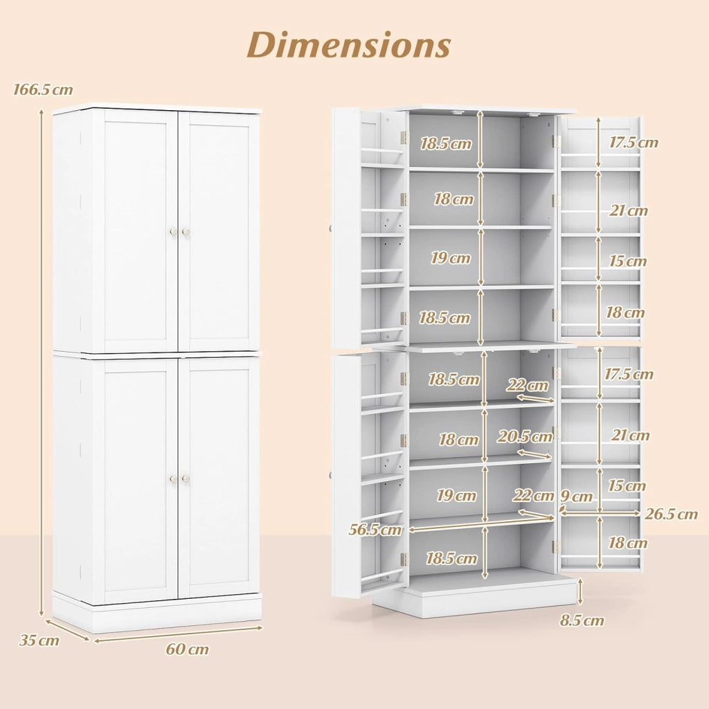 Armadio da Cucina Alto a 8 Livelli, 60 x 35 x 166,5 cm, con 6 Ripiani Regolabili e Ante, Credenza Moderna per Sala da Pranzo e Soggiorno, Bianco