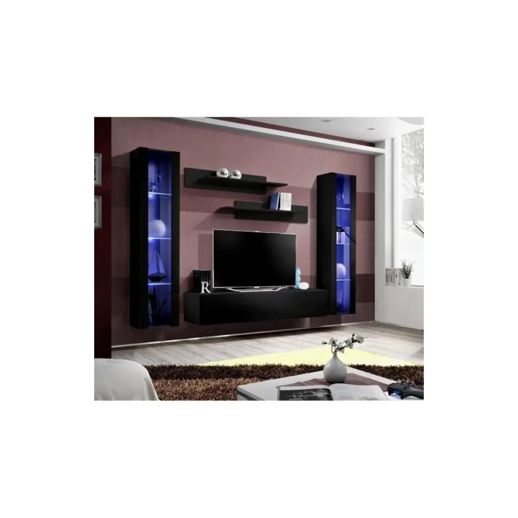 Mobile TV FLY A2 design, color nero lucido + LED. Mobile sospeso moderno e alla moda per il tuo soggiorno.