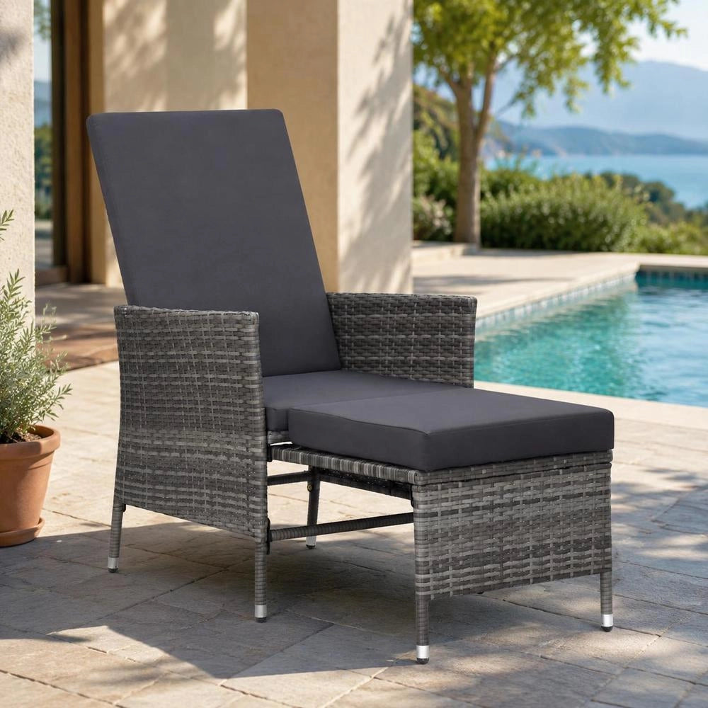 Garden Lounger With Cushions, Poly Rattan, Grey