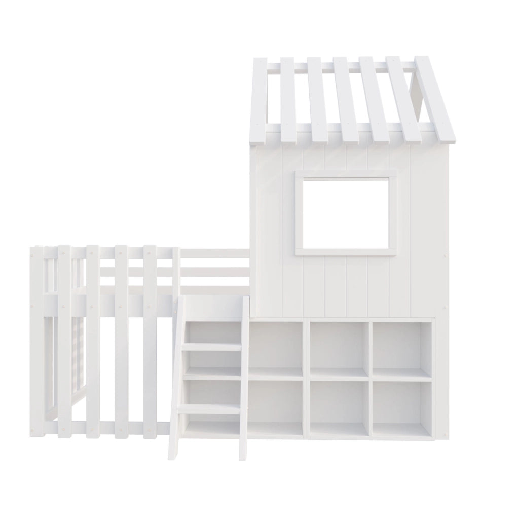 Letto per bambini 90x200 cm con tetto; finestre e vani portaoggetti in legno