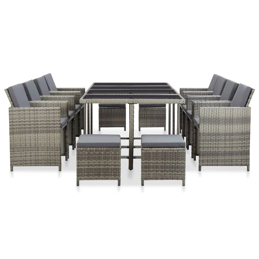 Set da pranzo da giardino da 13 pezzi e cuscini in resina intrecciata grigia 02_0014747