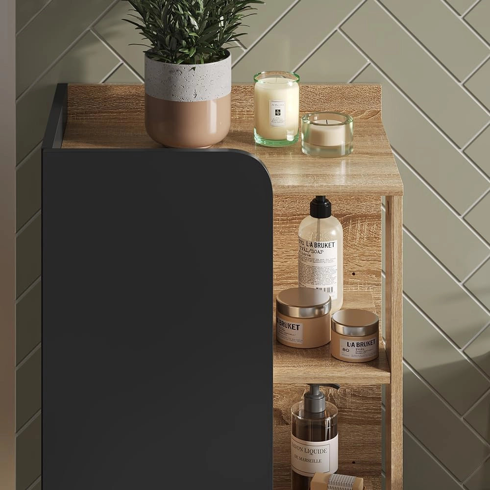 Set di mobili da bagno Karen, Sonoma/antracite, 60 cm, composto da mobile sottolavabo, specchiera e colonna alta