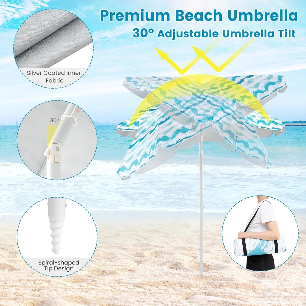 Set da spiaggia 2 faltelli 1 tappeto 1 ombrellone φ 175 cm sedia pieghevole carico 150 kg ombrellone reclinabile 30 gradi con borsa da viaggio