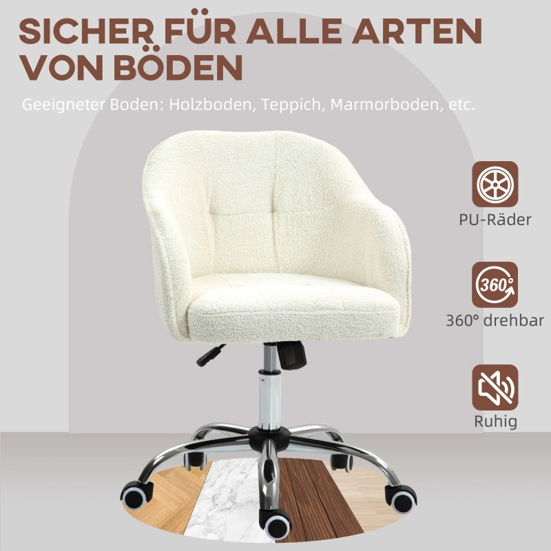Sedia da ufficio girevole ergonomica con altezza regolabile e rotelle in tessuto teddy bianco crema