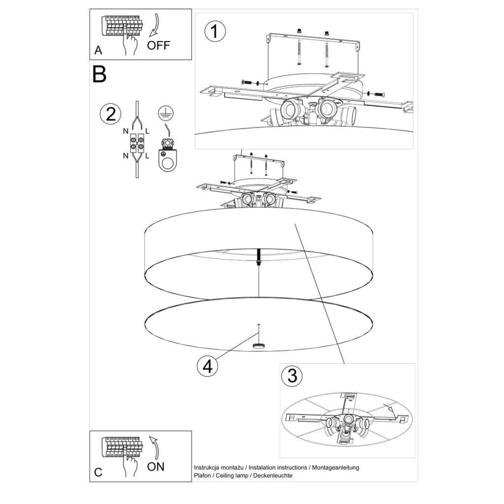 Lampadario da soffitto rotondo a 6 luci serie SKALA in tessuto bianco, vetro e acciaio, 80 cm