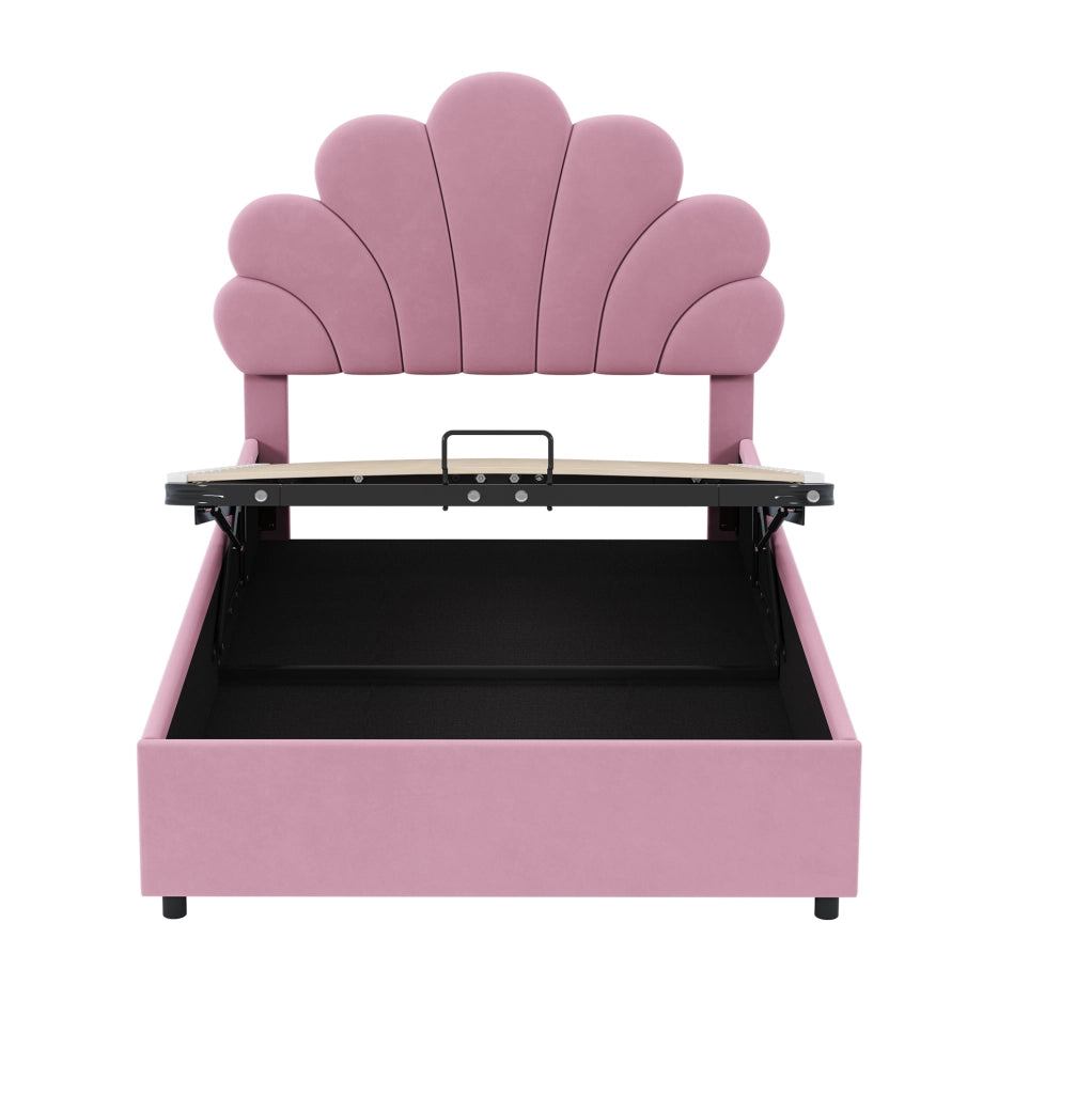 Letto imbottito 90x200 cm con contenitore idraulico e testiera floreale rosa