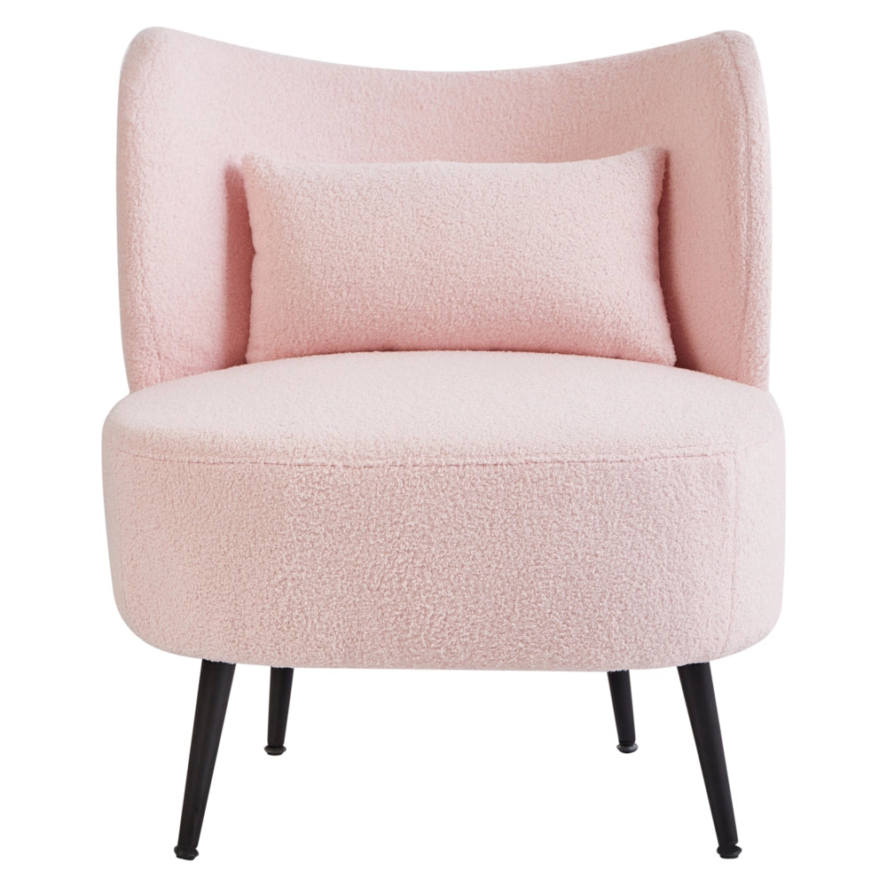 Poltrona Rosa Pastello Boucle Tessuto Morbido Nubby Legno Chiaro Gambe Metallizzate Schienale Curvo Stile Retro Glam Art Decor