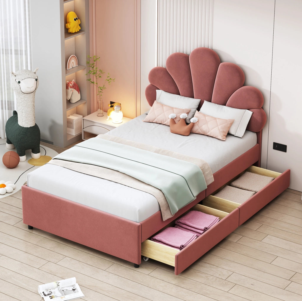 Letto singolo imbottito rosa 90x200 cm con 2 cassetti