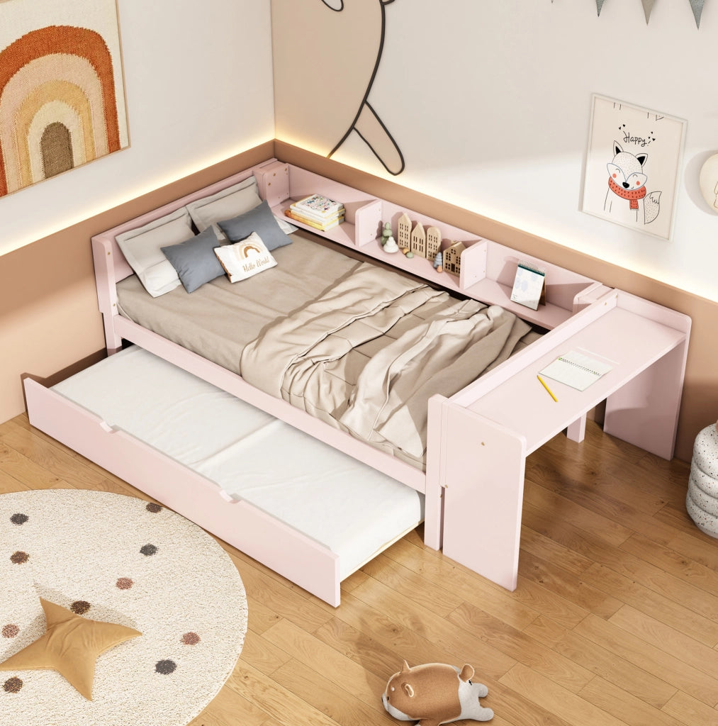 Letto singolo rosa 90x200 cm con letto estraibile, scrivania e 3 ripiani