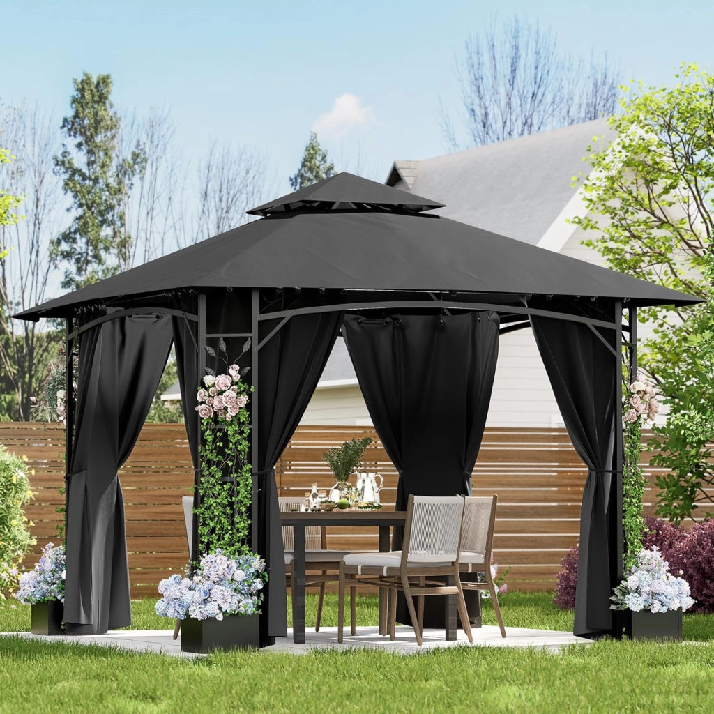 Gazebo Esterno Resistente 3.3x3.3 m con 4 Vasi per Fiori - Gazebo da Giardino in a Doppio Tetto Aerato, Struttura Fogliata, Tende Rimuovibili, Protezione UV & Impermeabile per Esterno