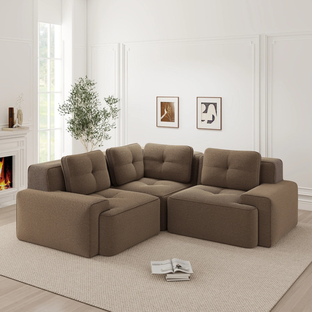 Divano angolare modulare 206x206x69 cm in velluto a coste marrone con seduta profonda