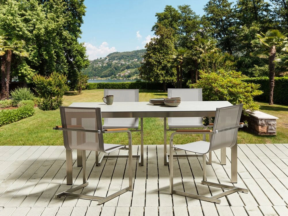 Set da giardino con 4 posti in acciaio inox con tavolo piano in vetro e Sedie in tessuto bianco esterno moderno