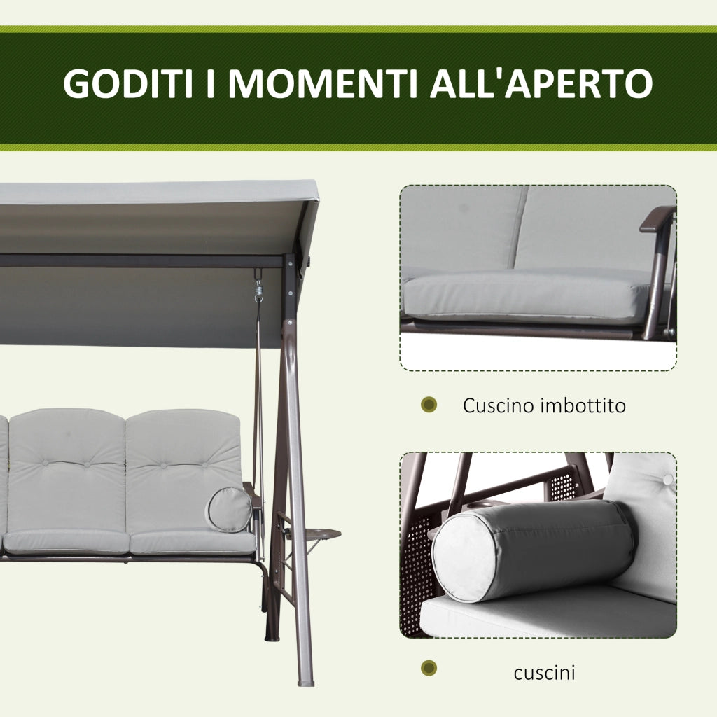 Dondolo da Giardino 3 Posti 208x121x172 cm con Tetto Regolabile Portabicchieri e Cuscini in Metallo e Tessuto Grigio