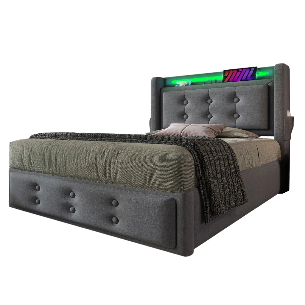 Letto imbottito 90x200 con testiera LED, prese e USB-C, contenitore con rete a doghe, senza materasso