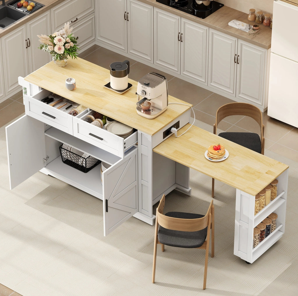 Isola cucina mobile con piano estraibile 130/205 x 50 x 93 cm; MDF; naturale e bianco