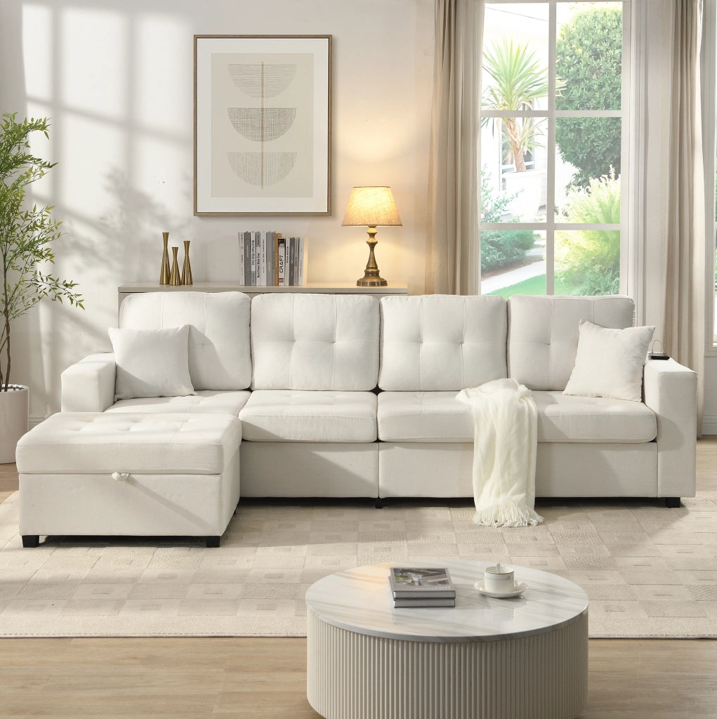 Divano angolare modulare a L con pouf contenitore; LED; USB e Type-C; beige; 253 cm