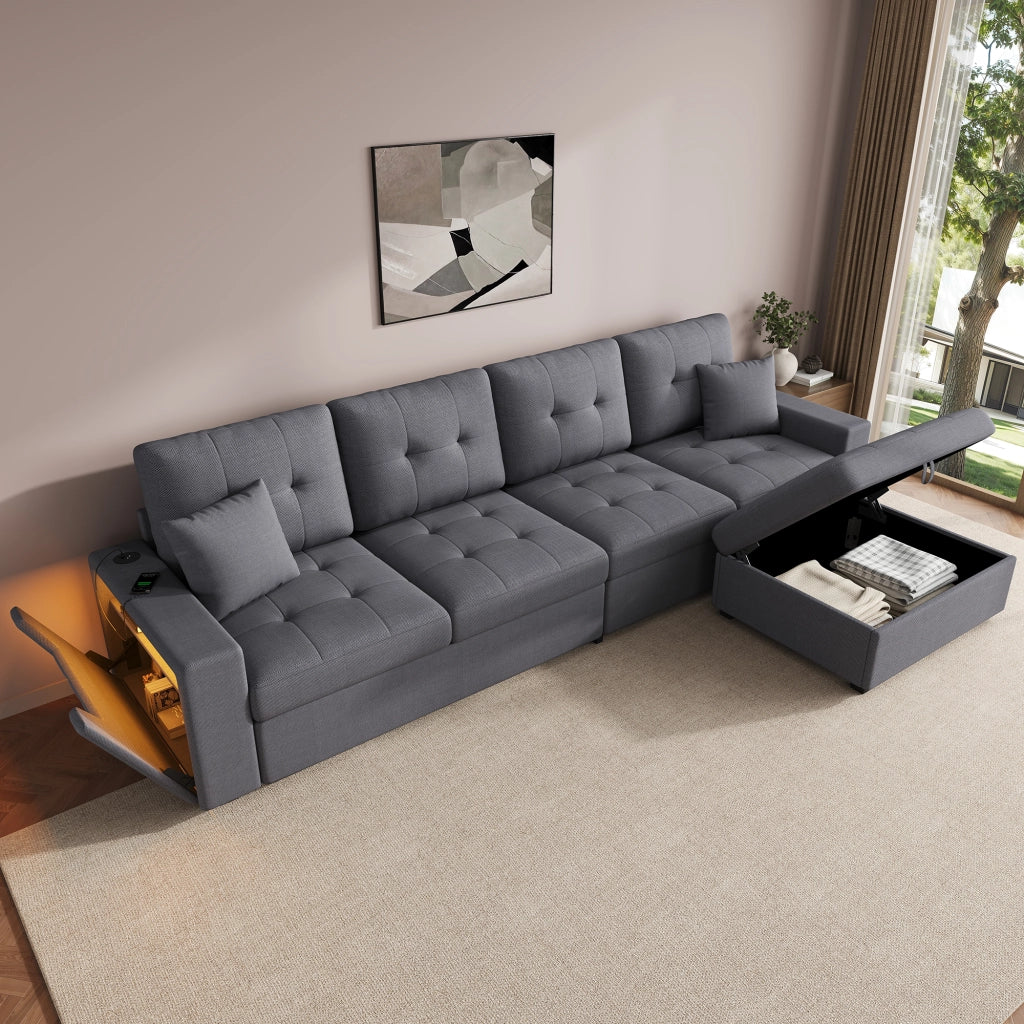 Divano angolare modulare 4 posti con pouf contenitore, LED e porte USB e Type-C in lino grigio antico