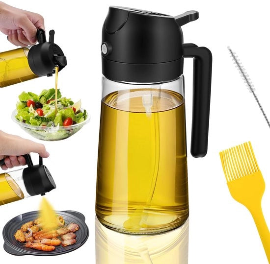 Olio spruzzatore 2 in 1 per olio di cottura, flacone olio spruzzatore 470 ml con spazzola olio in silicone, spazzola pulente, olio spruzzatore per spruzzare e versare olio per cucinare, grigliare, air fryer, insalate, cuocere (nero)