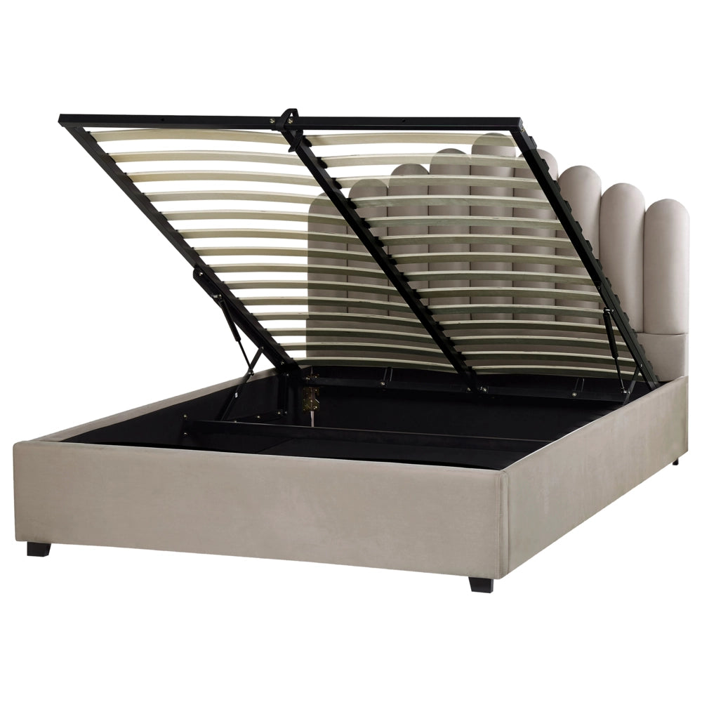 Letto contenitore matrimoniale rete a doghe velluto tortora 160 x 200 testiera a conchiglia