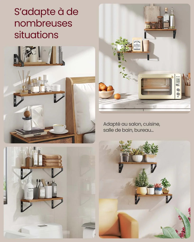 Mensola sospesa da parete set di 2 opzioni di montaggio 40 cm per soggiorno cucina ufficio bagno marrone rustico e nero opaco 12_0008006