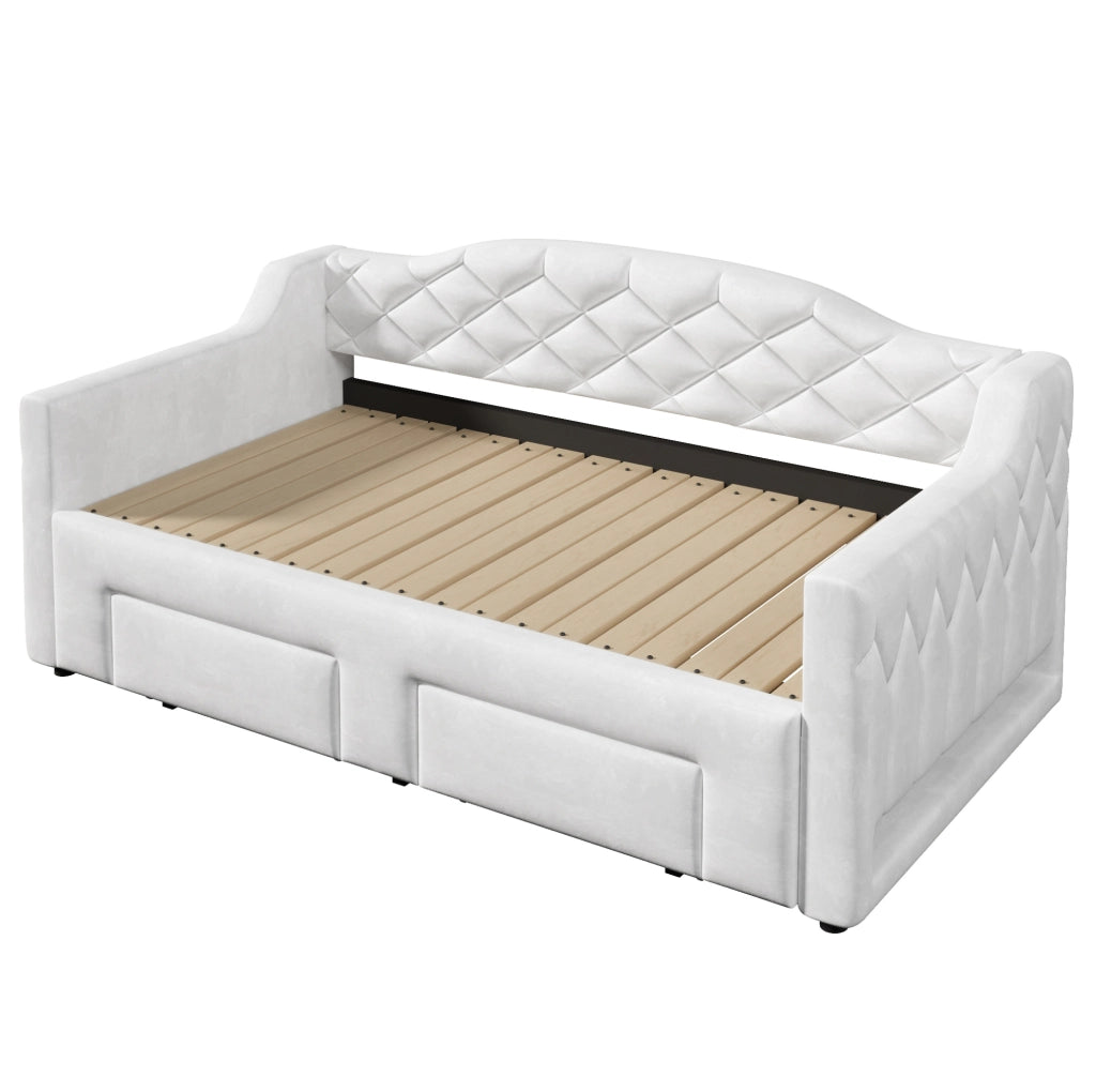 Letto imbottito 90x200 cm estensibile con LED e cassetti in MDF e compensato bianco