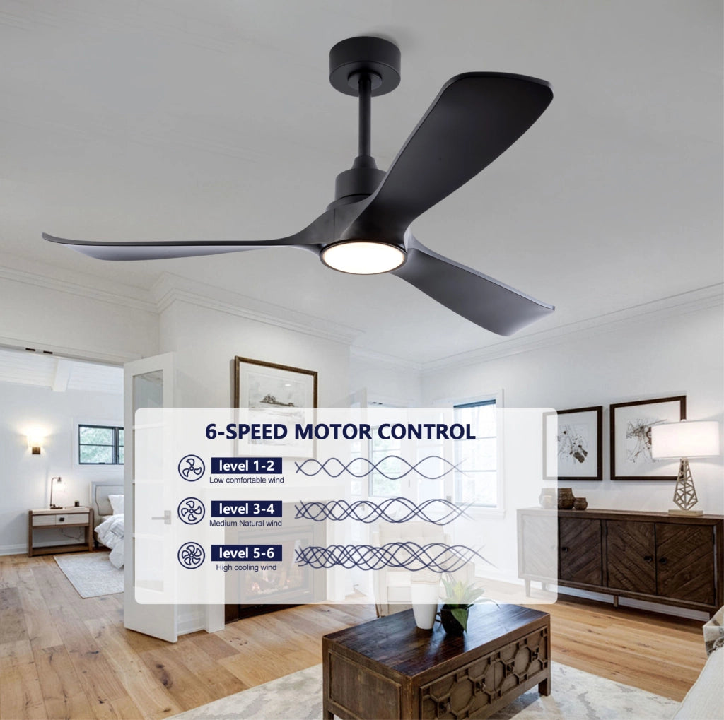 Ventilatore da soffitto nero 52 pollici con luce; 6 velocità; motore DC reversibile; ABS
