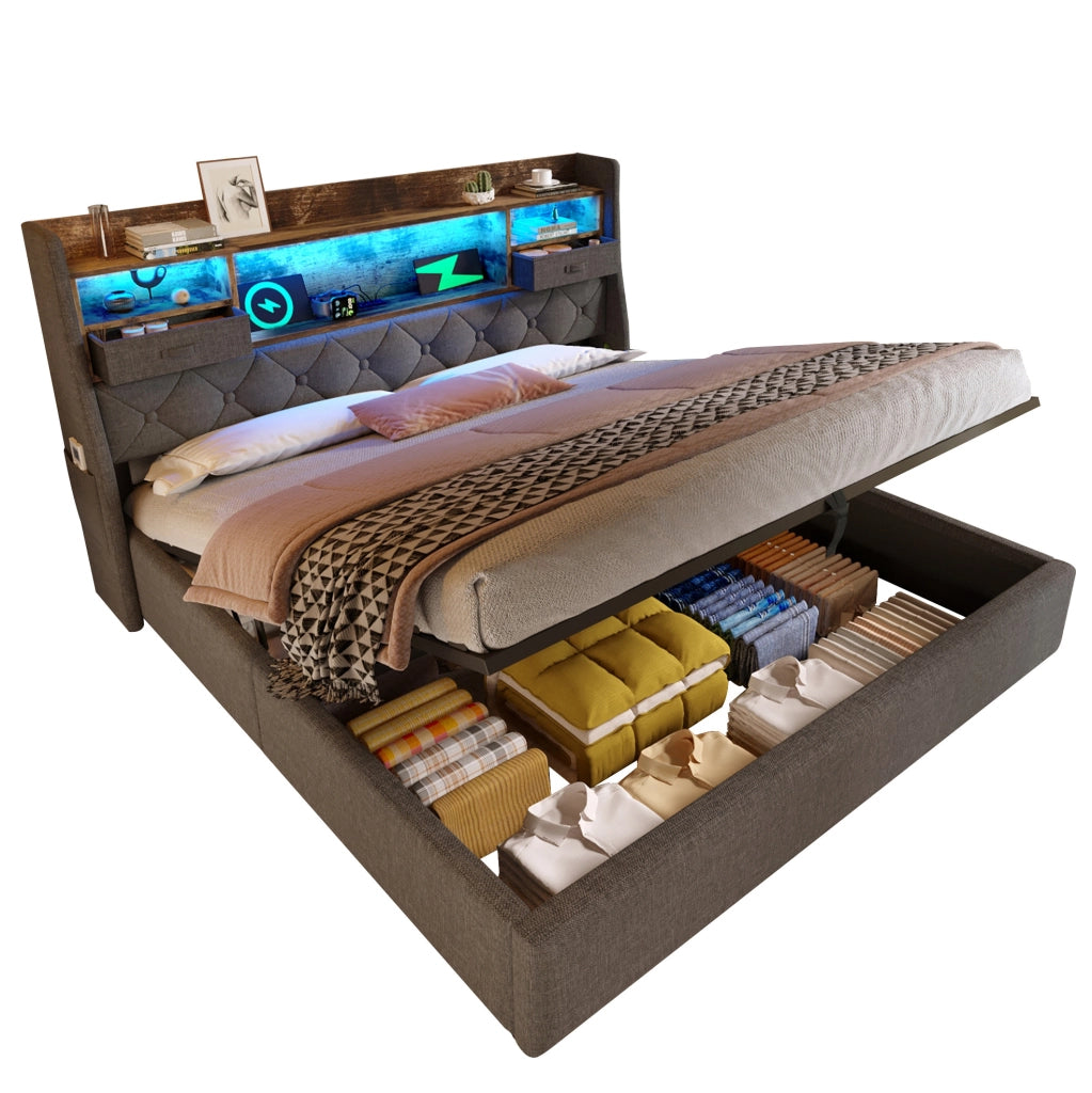 Letto matrimoniale contenitore 140x200 cm in lino grigio con LED; USB e USB-C