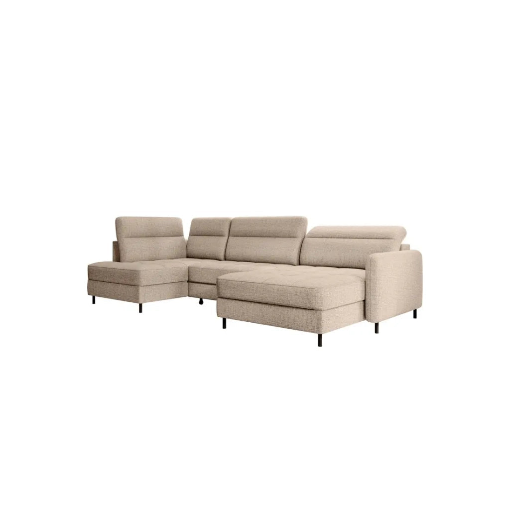 Divano angolare convertibile BERTHO 306 cm beige chiaro effetto melange – Angolo destro con contenitore