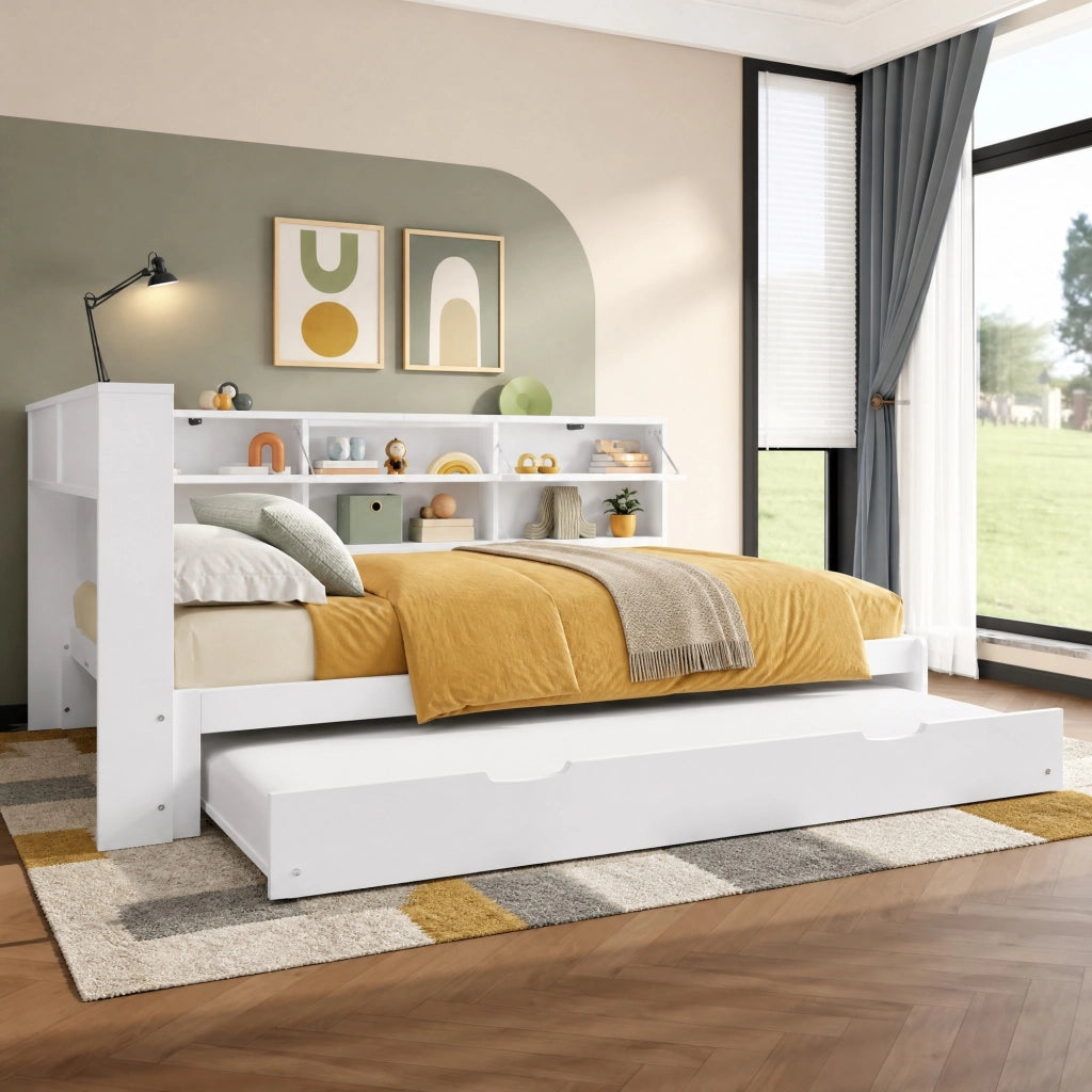 Daybed con letto estraibile 140x200 cm; testiera con vano contenitore e USB/Type-C; bianco