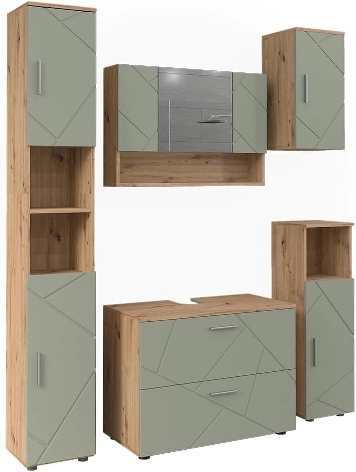 Set di mobili da bagno Irma, Verde salvia, 80 cm, composto da mobile sottolavabo, specchiera, colonna, base media e pensile