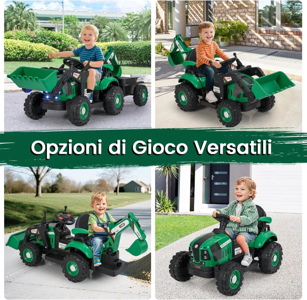 4 in 1 Trattore Elettrico per Bambini, Trattore Cavalcabile per Bambini 3-8 Anni con Telecomando Rimorchio e Cucchiaia Staccabile, Velocità Regolabile, Doppi Motori (Verde)