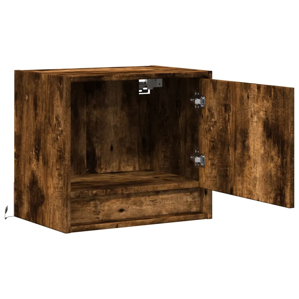 Set di 2 Comodini | Armadio da Notte | Mobiletto da notte a Parete con luci LED Rovere Fumo