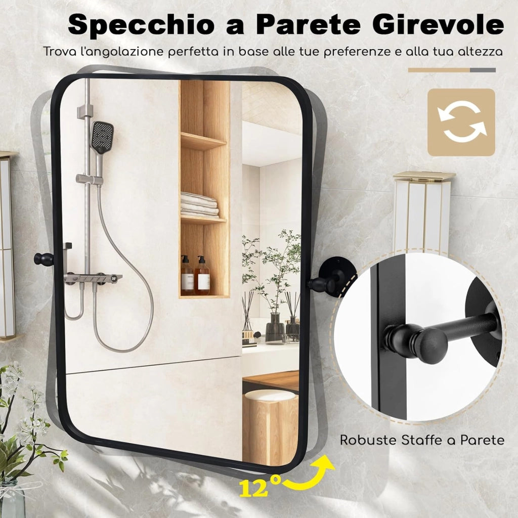 Specchio Rettangolare da Parete 76,5 x 66,5 cm, Specchio da Bagno con Cornice in Metallo, con Staffe da Parete in Stile Rustico, Ideale per Bagno Soggiorno Ingresso, IP44