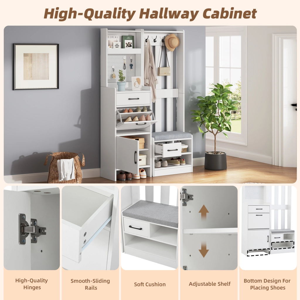 Mobili da ingresso con panca portascarpe e 2 cassetti, 7 ganci e pannello forato, bianco 110 × 35 × 175,5 cm