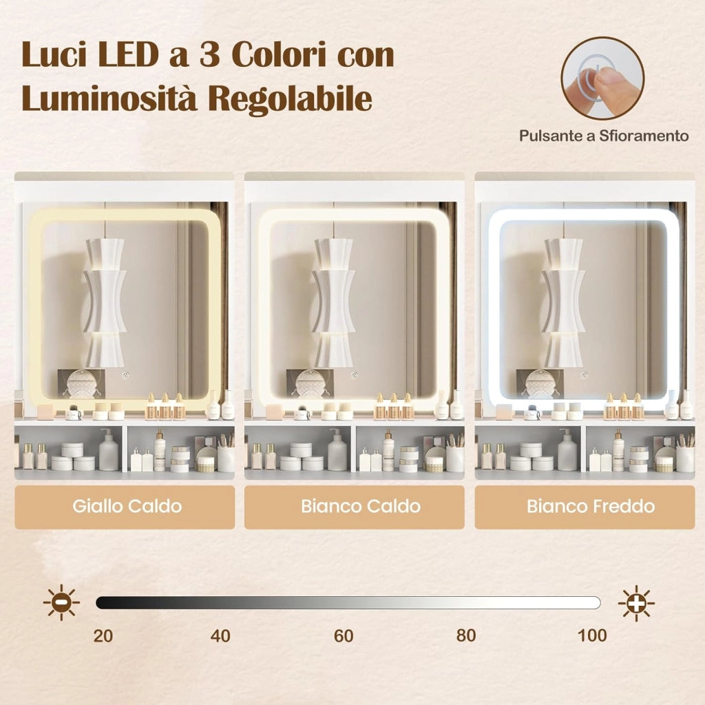 Toeletta da Trucco con Luci, Set Tavolo e Sgabello da Trucco con Stazione di Ricarica, Luci LED a 3 Colori, 3 Cassetti, Armadietto per Gioie, Supporto per Asciugacapelli (Modello 2)