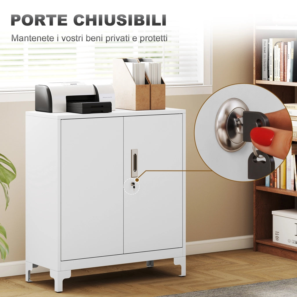Mobile da Ufficio Portadocumenti con 3 Ripiani, 2 Ante e Chiavi, 80x35x91 cm, Bianco