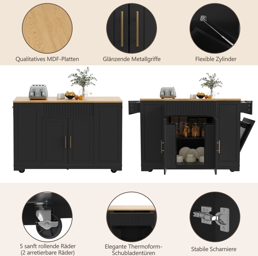 Isola cucina mobile 120x50x92 cm con vano portarifiuti