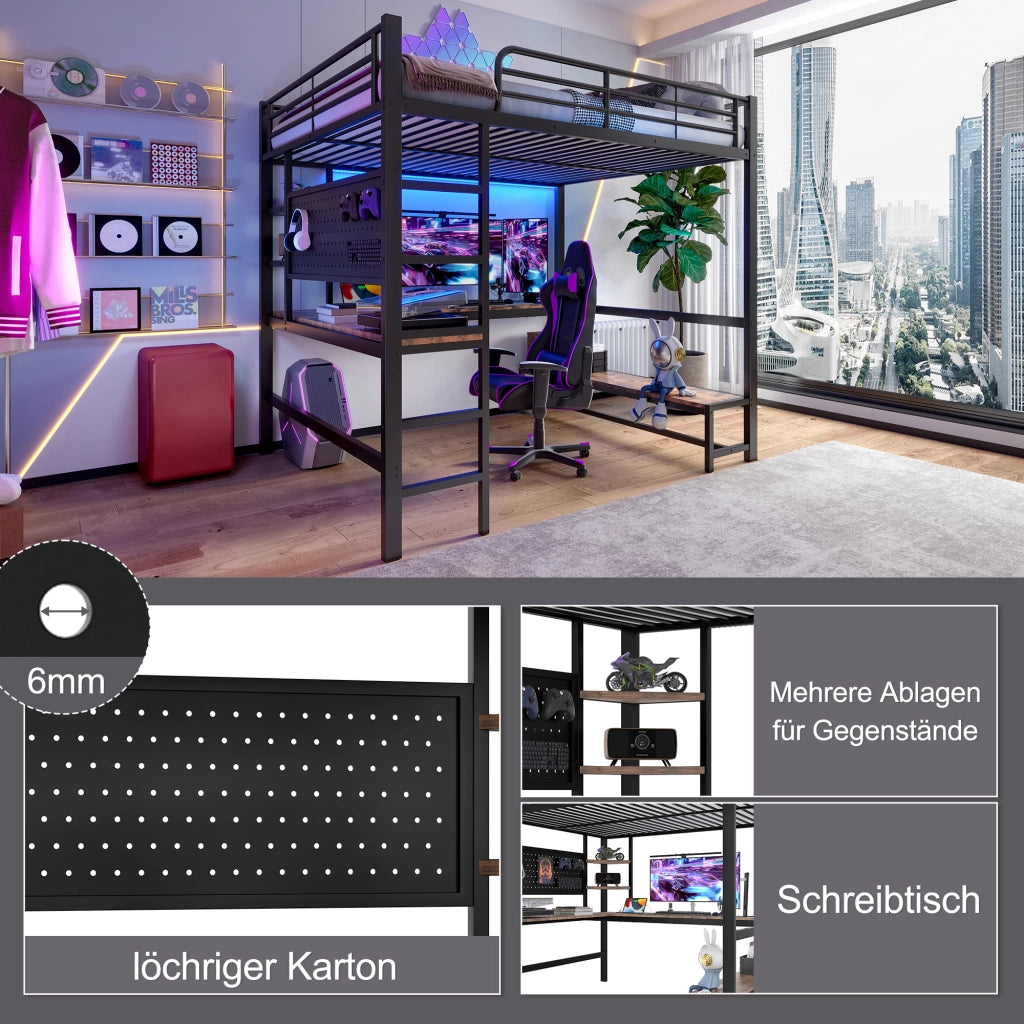 Letto a castello nero in metallo con scrivania led usb-c 140x200 cm