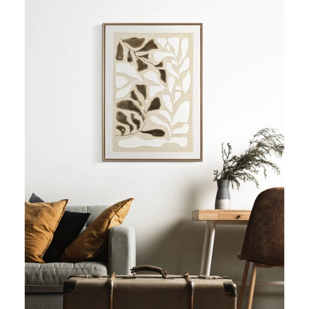 Stampa su tela Goldy A foglie oro su fondo lino con cornice, 50x70 cm