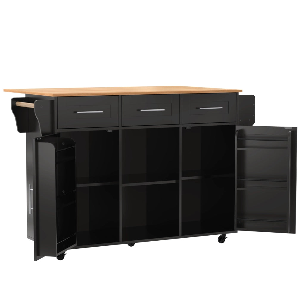 Carrello Isola Cucina 139x46/71x91;5 cm Nero con Piano Pieghevole; 3 Cassetti; Armadietti e Ruote