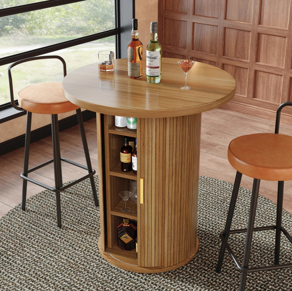 Tavolo bar rotondo con mobile a 4 ripiani; MDF e metallo; 60 x 60 x 91;6 cm; legno