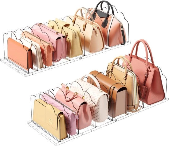 4-pack distributore per borse trasparente, piano distributore per 14 borse, sostegno per borse, organizzatore rimovibile per clutch, borse, libri in camera da letto