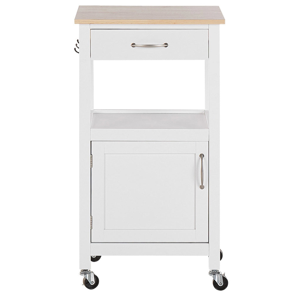 Carrello da Cucina Bianco e Legno Chiaro Piano MDF 48 x 39 x 89 cm Armadio Porta Asciugamani Posate Cassetti Ruote
