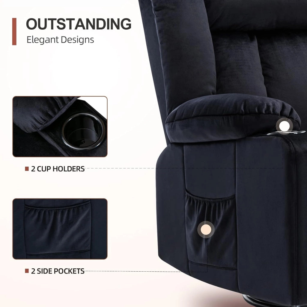 Poltrona Reclinabile Girevole per Adulti con Schienale e Poggiapiedi Regolabili, Poltrona 360° da Salotto, Portabicchieri, Tasche Laterali, Tessuto Morbido, Supporto Ergonomico, Nero