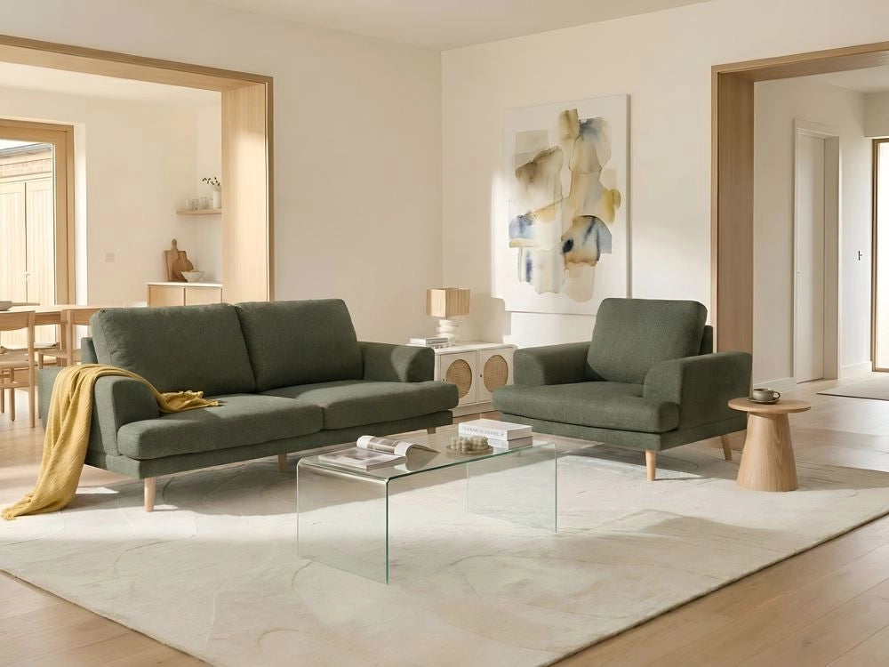 Set da salotto a 4 posti con divano in tessuto e poltrona braccioli svasati in stile moderno verde