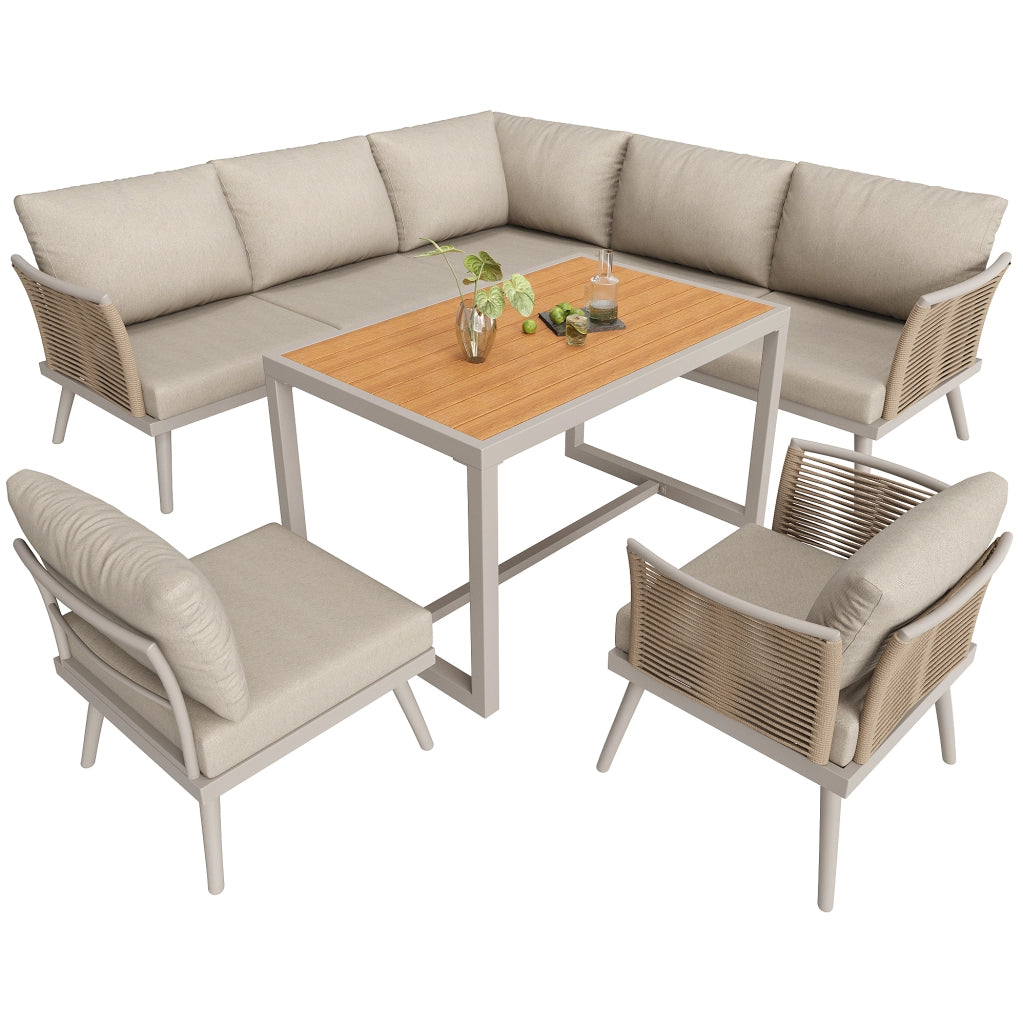 Set da giardino 7 posti con divani componibili e tavolino; ferro beige